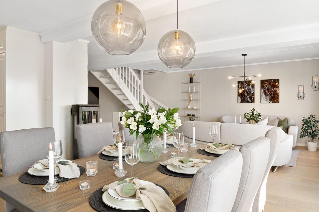 house, dining room, living room, table, chairs, real estate, interior, luxury, wooden, decor, pillows, cabinet, view, art, design, hallway, lamp, carpet, home