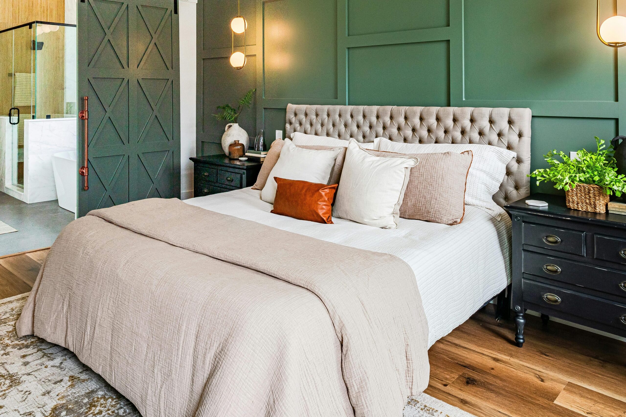 Chic bedroom in New Orleans featuring modern decor and luxury furniture.